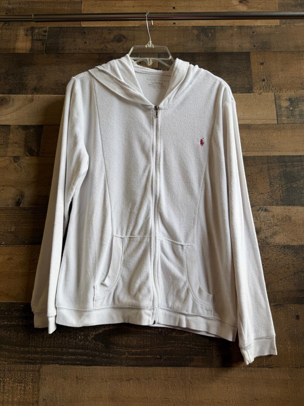 Ralph Lauren Womens White Terry Cloth Full Zip Hoodie Sweatshirt -Pony -Size XL